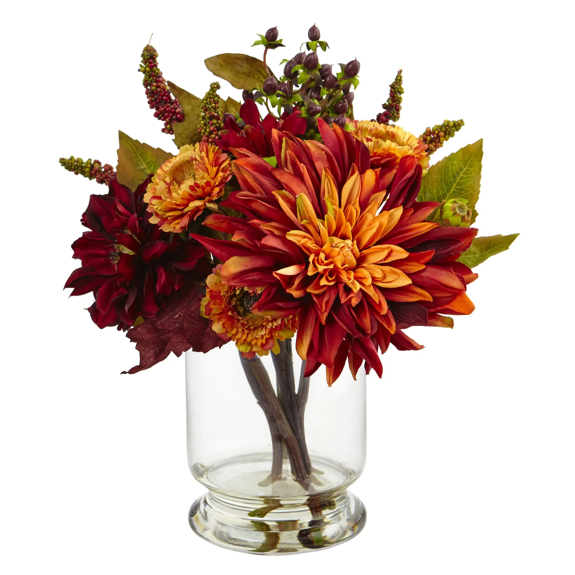 12" Artificial Dahlia & Mum w/Vase Arrangement - Low Maintenance, Life-Like & Vibrant Silk Flowers For Busy People.