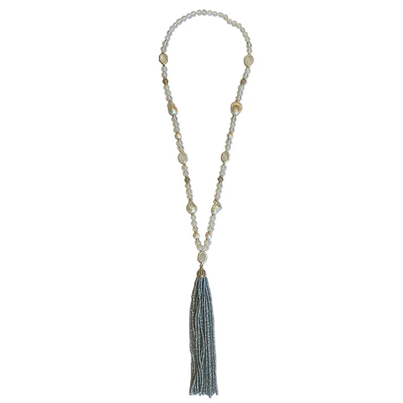 194-25 | LITE BLUE CRYSTAL & PEARL TASSEL NECKLACE