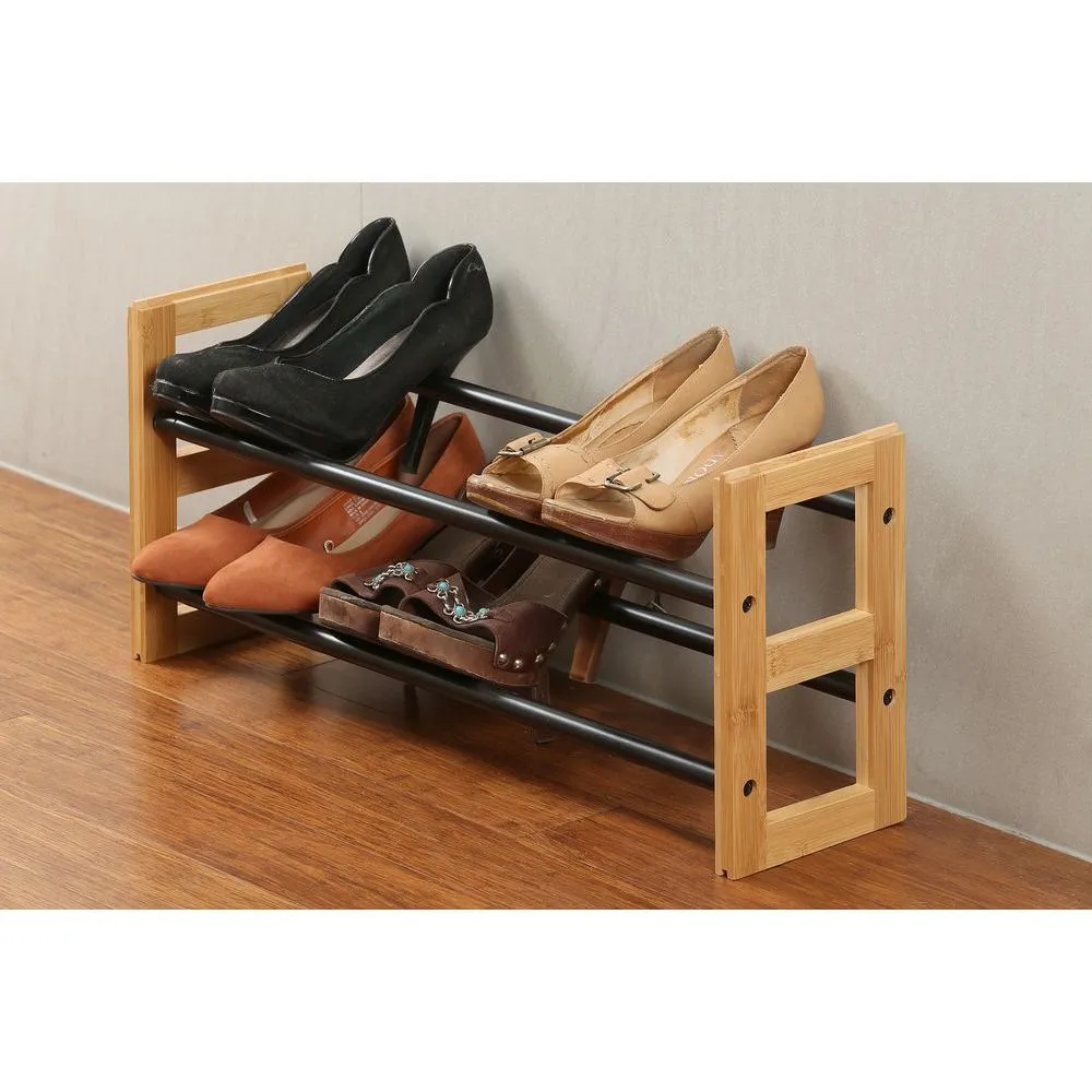 2 Tier Expandable Bamboo Shoe Rack Black