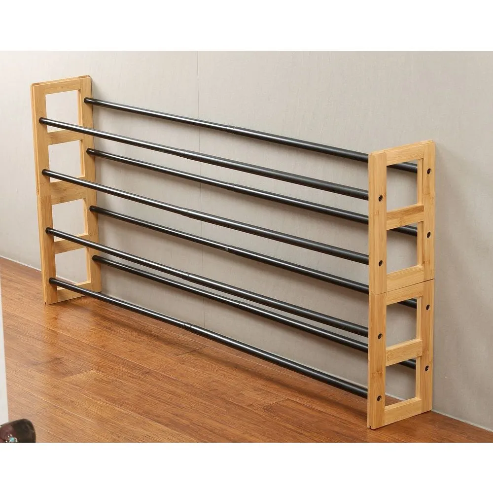 2 Tier Expandable Bamboo Shoe Rack Black