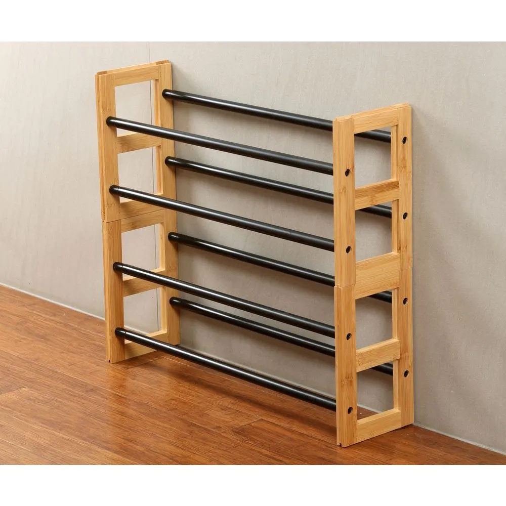 2 Tier Expandable Bamboo Shoe Rack Black