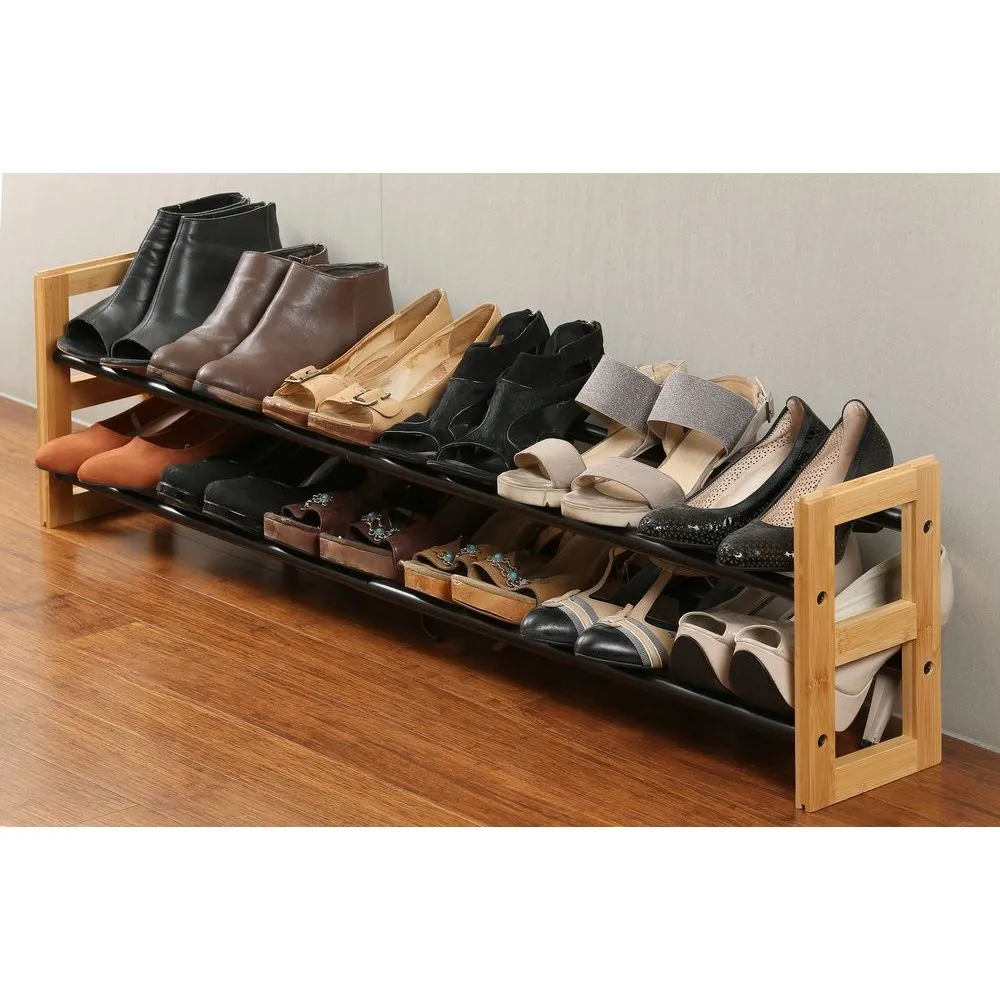 2 Tier Expandable Bamboo Shoe Rack Black