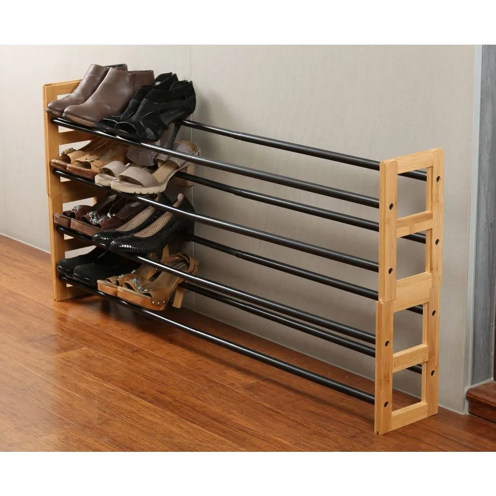 2 Tier Expandable Bamboo Shoe Rack Black