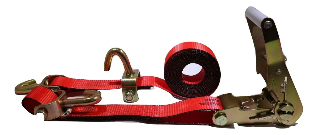 2" x 11 Ft 3-Point Ratchet Wheel Strap w/ Swivel J Hooks & Swivel J Idler Hook | RED