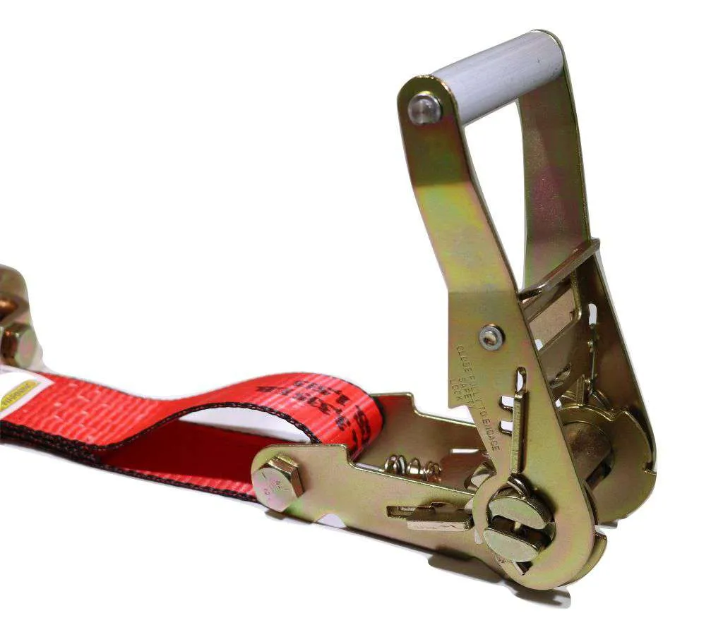 2" x 11 Ft 3-Point Ratchet Wheel Strap w/ Swivel J Hooks & Swivel J Idler Hook | RED