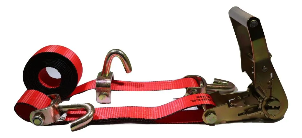 2" x 11 Ft 3-Point Ratchet Wheel Strap w/ Swivel J Hooks & Swivel J Idler Hook | RED