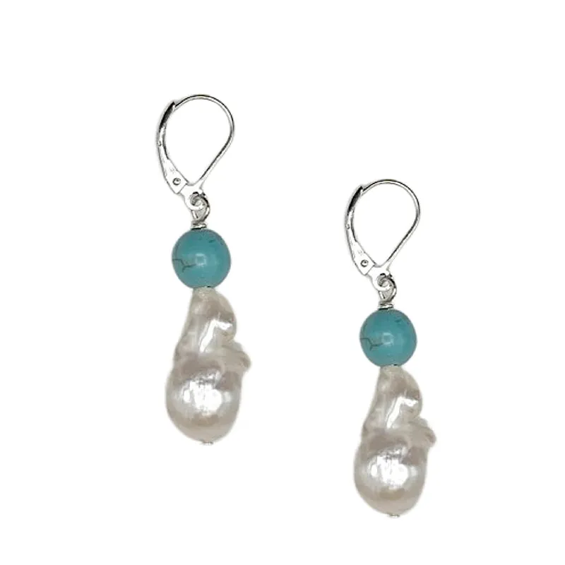 306-06-S | TURQUOISE BEAD & WILD PEARL EARRING ON SILVER