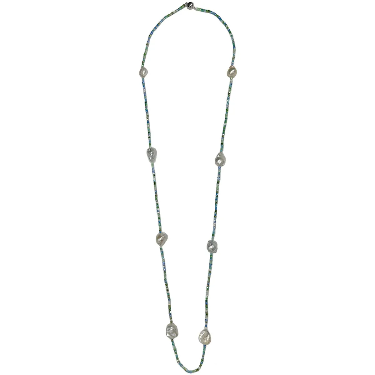 405-AQUA-S | AQUA MIX CRYSTAL & WILD PEARL NECKLACE 44"