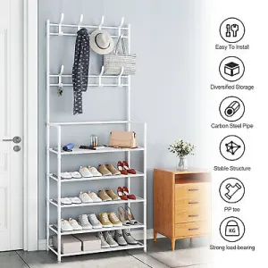 5-Tier Coat & Shoe Shelf Rack Organizer With 8 Hooks - White