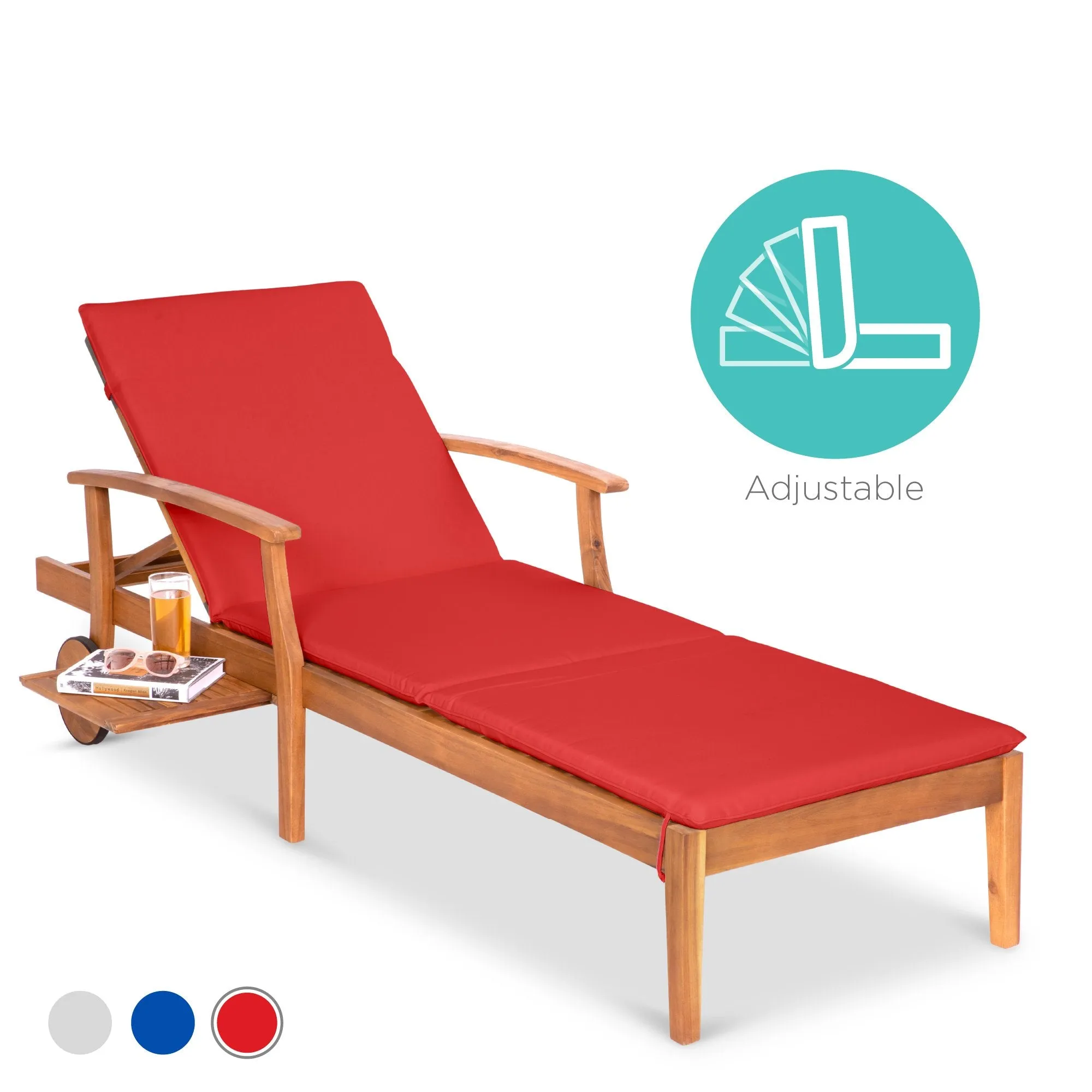 Adjustable Acacia Wood Chaise Lounge Chair w/ Side Table, Wheels