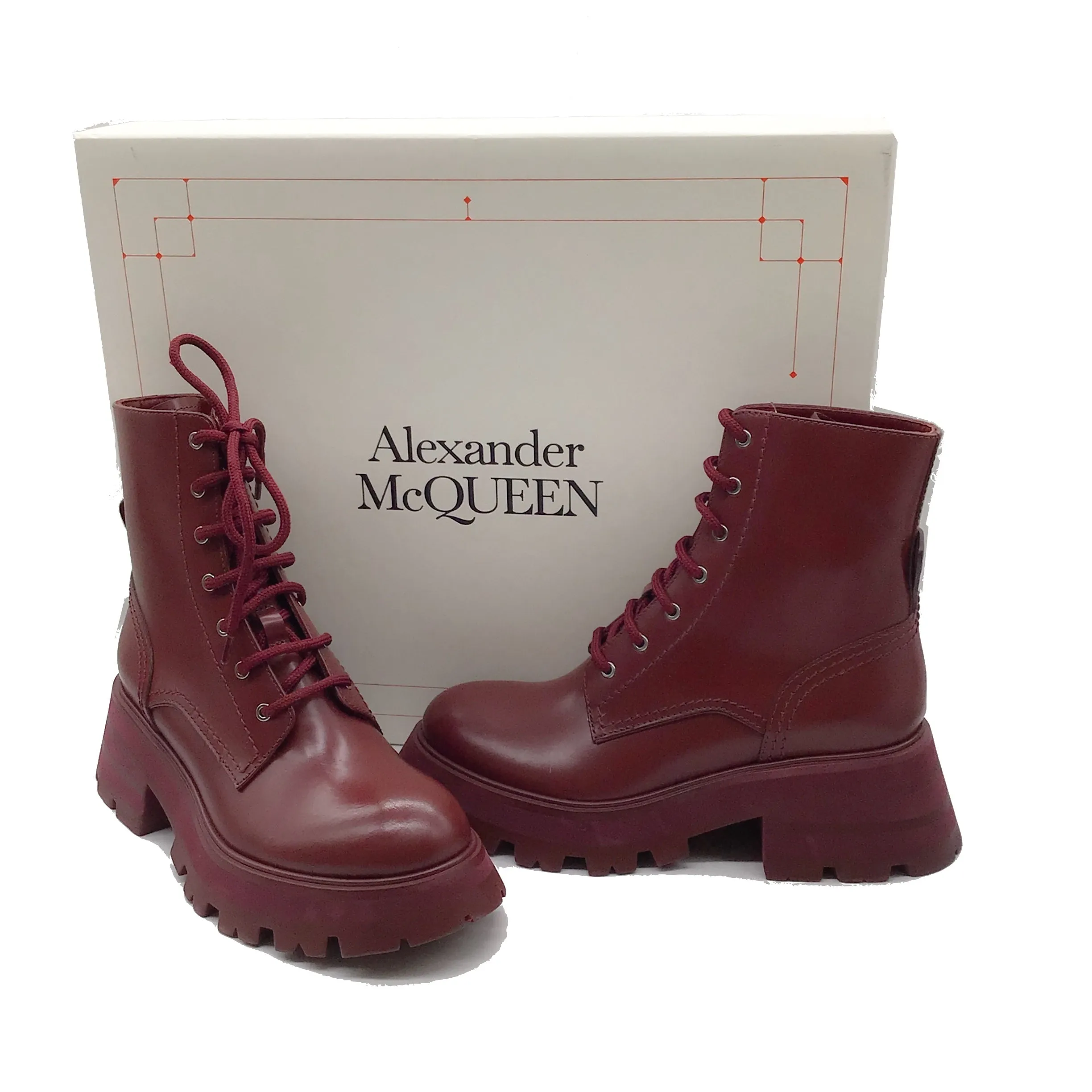 Alexander McQueen Burgundy Lace-Up Leather Boots