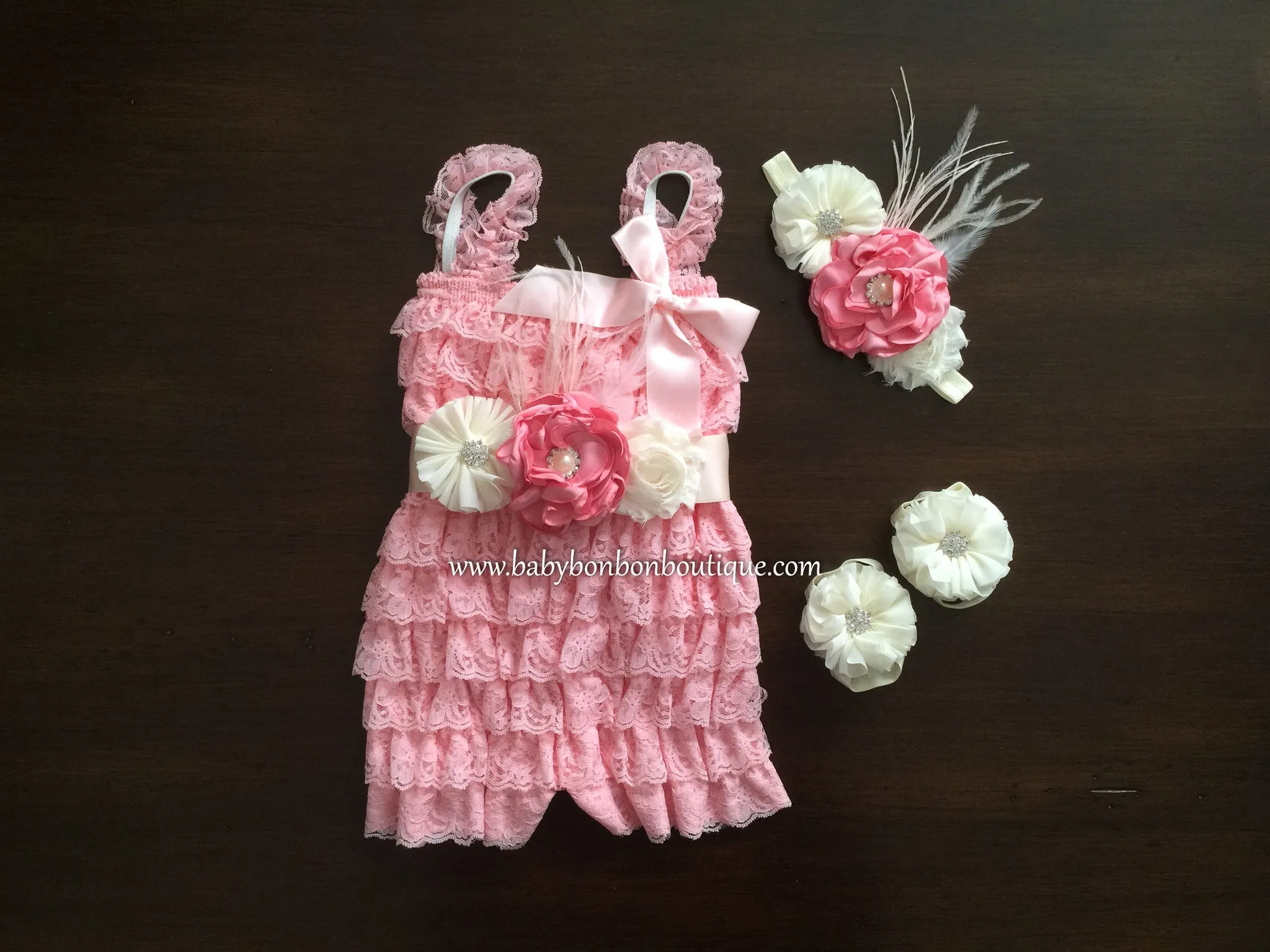 Baby Smash Cake Romper, Pink Headband & Sash