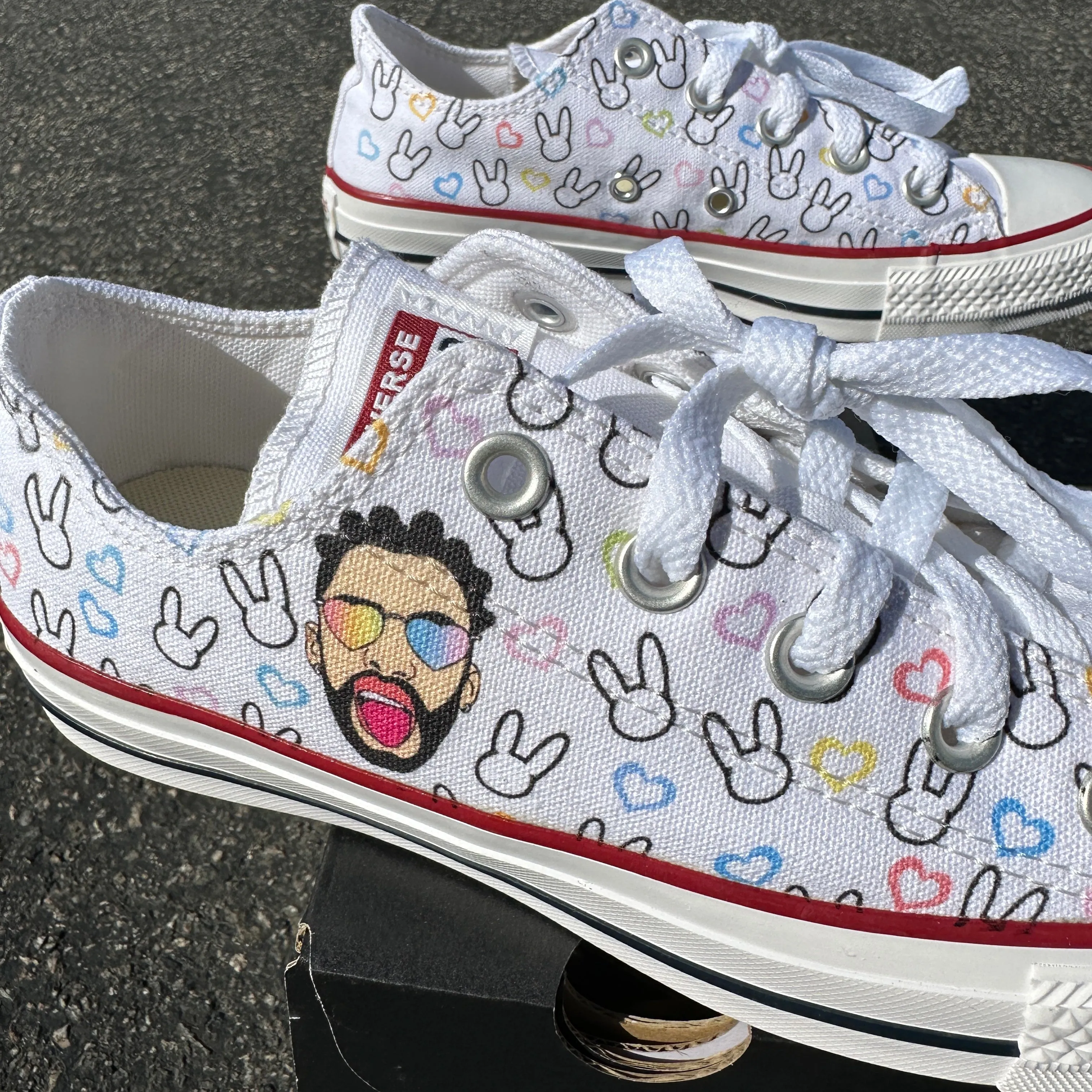 Bad Bunny Valentines Day Rainbow Heart Portrait Custom Low Top Converse White: LIMITED TIME ONLY - Custom Converse Shoes