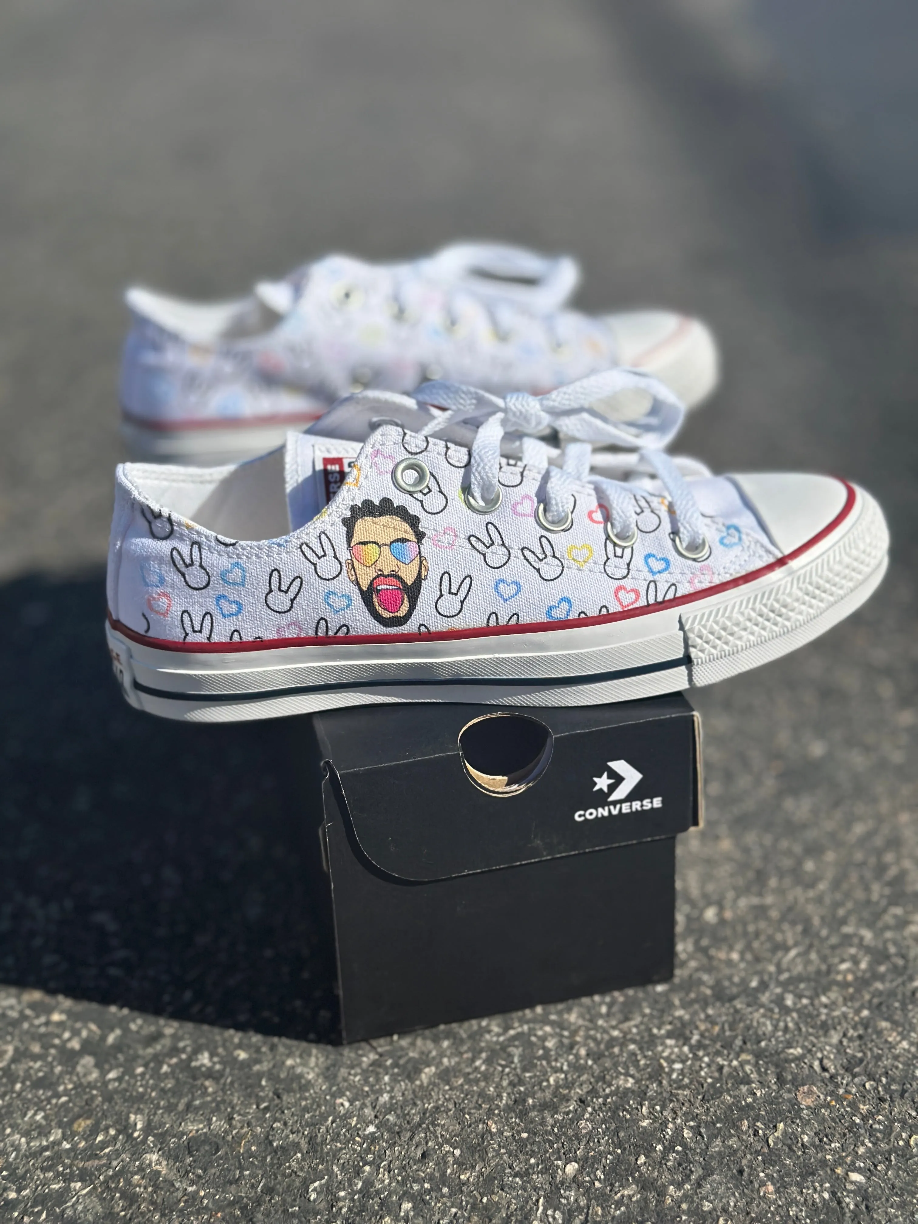 Bad Bunny Valentines Day Rainbow Heart Portrait Custom Low Top Converse White: LIMITED TIME ONLY - Custom Converse Shoes