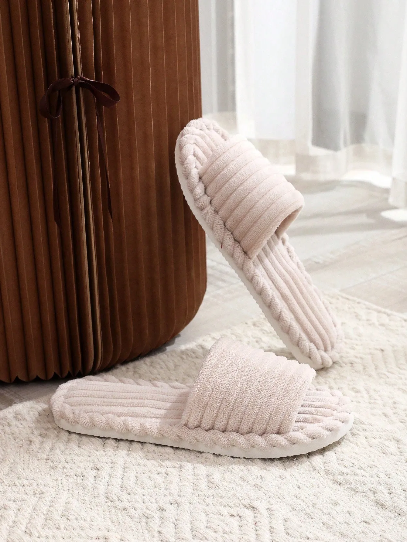 Beige Striped Velvet Open Toe Slippers For Autumn/winter, Both For Men & Women As Couple Slippers, Also As Indoor Slippers With Warm Lining