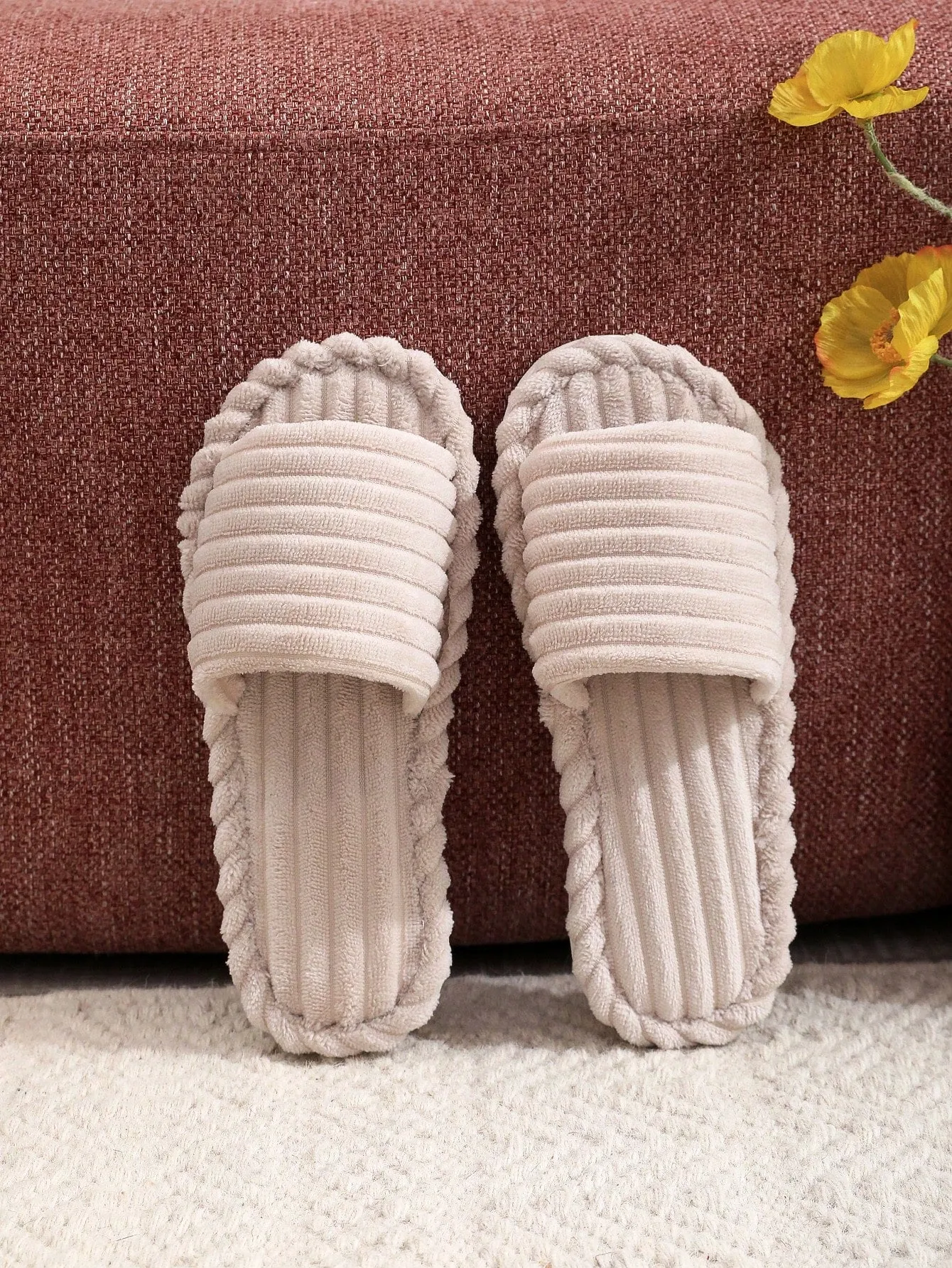 Beige Striped Velvet Open Toe Slippers For Autumn/winter, Both For Men & Women As Couple Slippers, Also As Indoor Slippers With Warm Lining