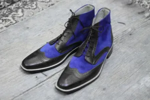 Bespoke Black Blue Leather Suede Ankle Wing Tip Lace Up Boots