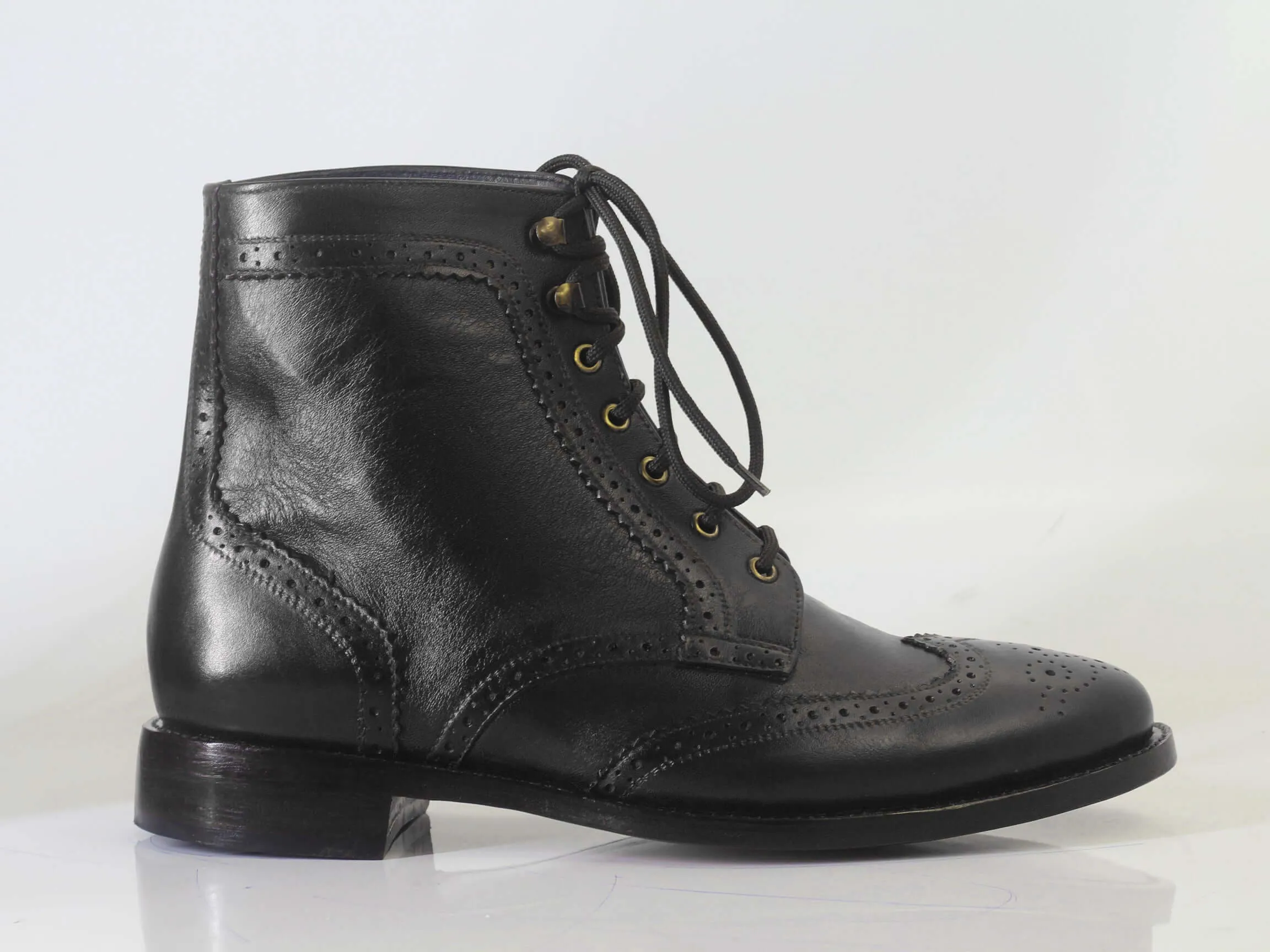 Bespoke Black Leather Ankle Wing Tip Brogue Lace Up Boot