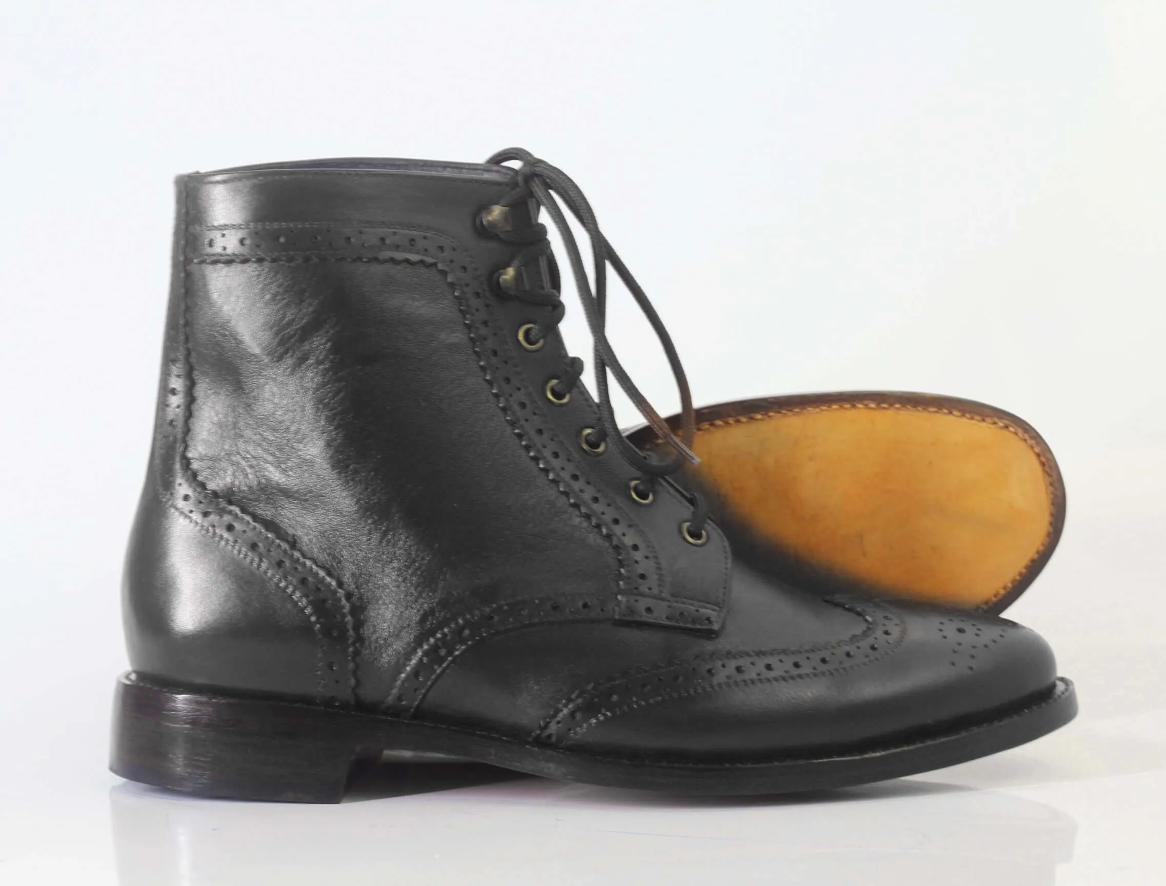 Bespoke Black Leather Ankle Wing Tip Brogue Lace Up Boot