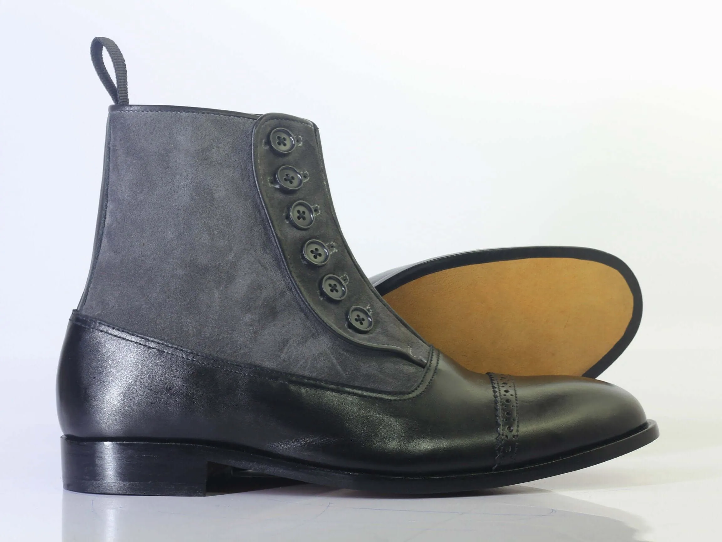 Bespoke Black Leather Suede Ankle Button Top Cap Toe Boot