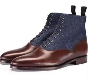 Bespoke Burgundy Navy Blue Ankle Leather Suede Lace Up Boots