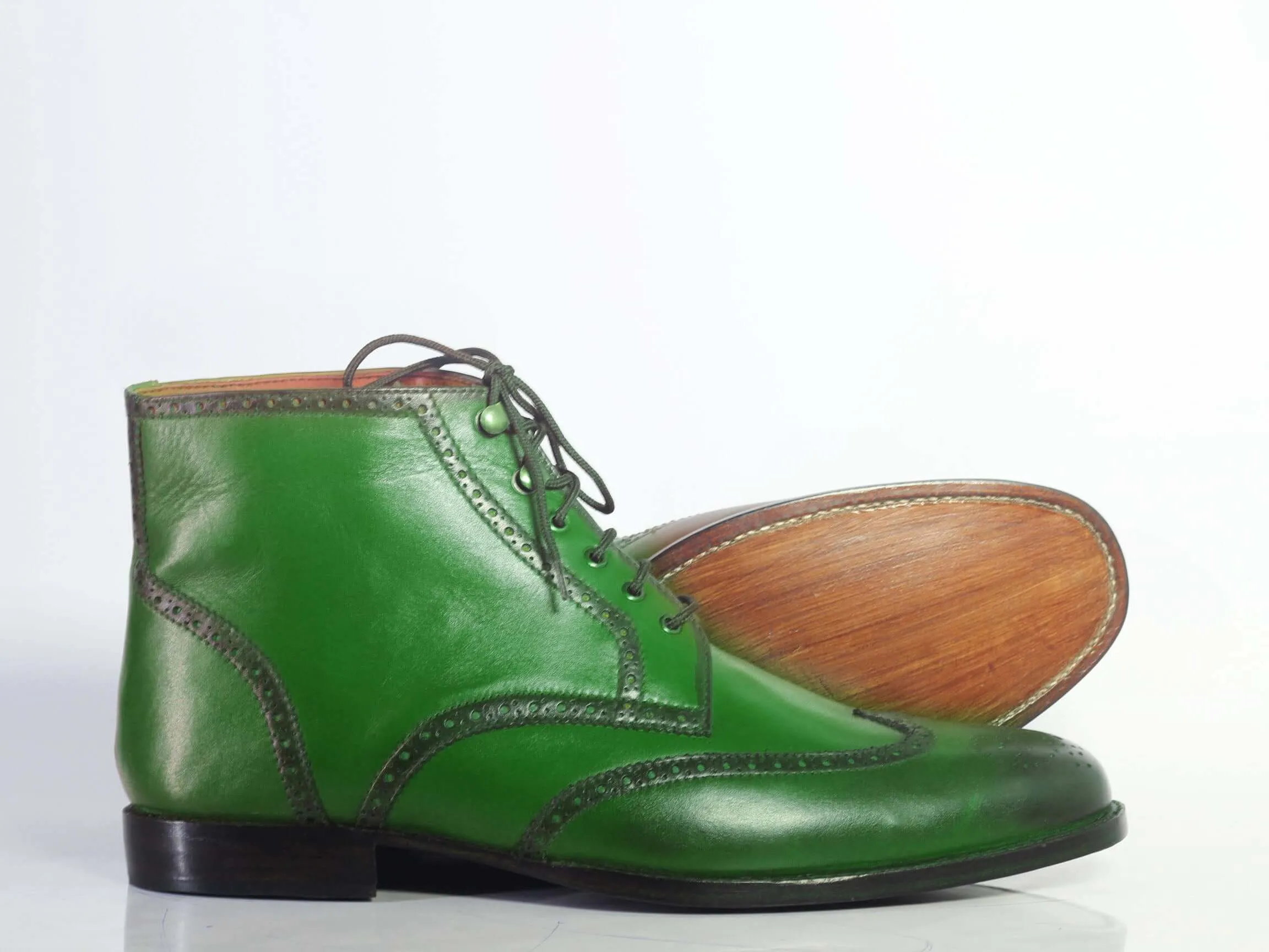 Bespoke Green Leather Wing Tip Ankle Lace Up Boots