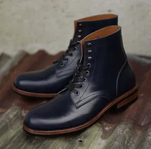 Bespoke Navy Blue Leather Lace Up Boots