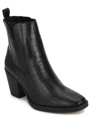 Black Croc Low Block Heel Ankle Boots