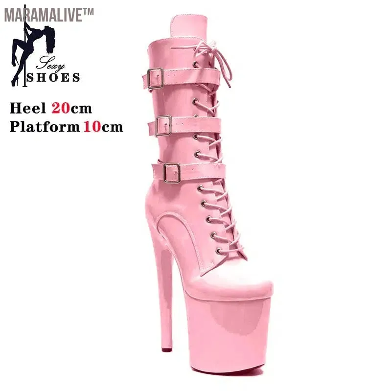 Black Fashionable Women's Ankle Boots with Round Toe Side Zip Short Boots for Pole Dance Platform Heels Three Belt Buckle