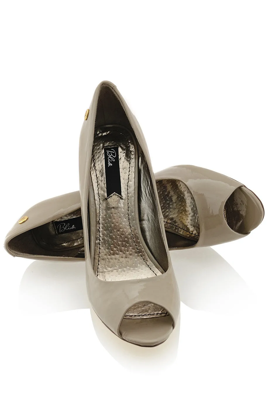 BLINK LANE Taupe Patent Peep Toe Pumps