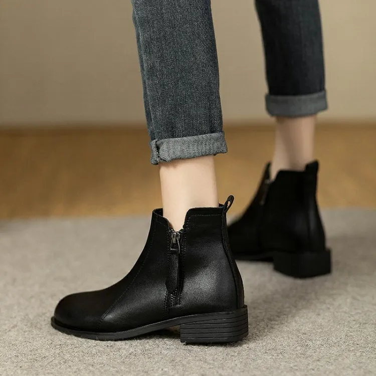 British Soft Leather Round Toe Side Zipper Short Boots