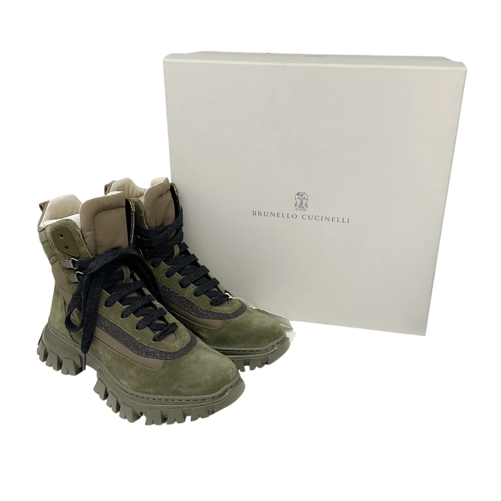 Brunello Cucinelli Olive Green Monili Bead Embellished Suede Hiking Boots