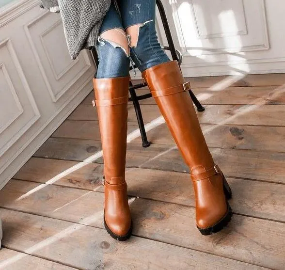 Buckles Zip Up Square Heel Riding Boots