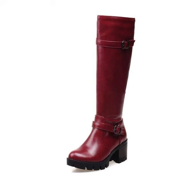 Buckles Zip Up Square Heel Riding Boots