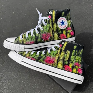 Cactus Garden - Custom Succulent Black High Top Converse Chuck Taylor for Men and Women Unisex High Top Converse Sneaker with Desert Flowers