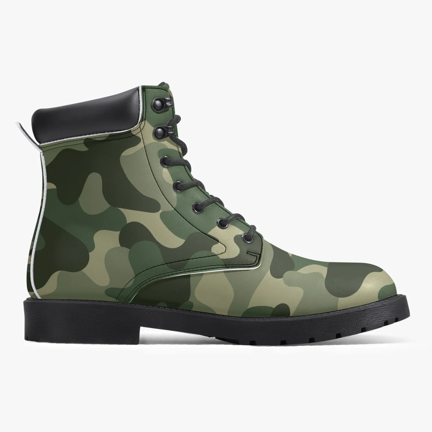 Camouflage Leather Boots, Green Army Camo Lace Up Shoes Hiking Walking Women Men Black Ankle Work Winter Casual Custom