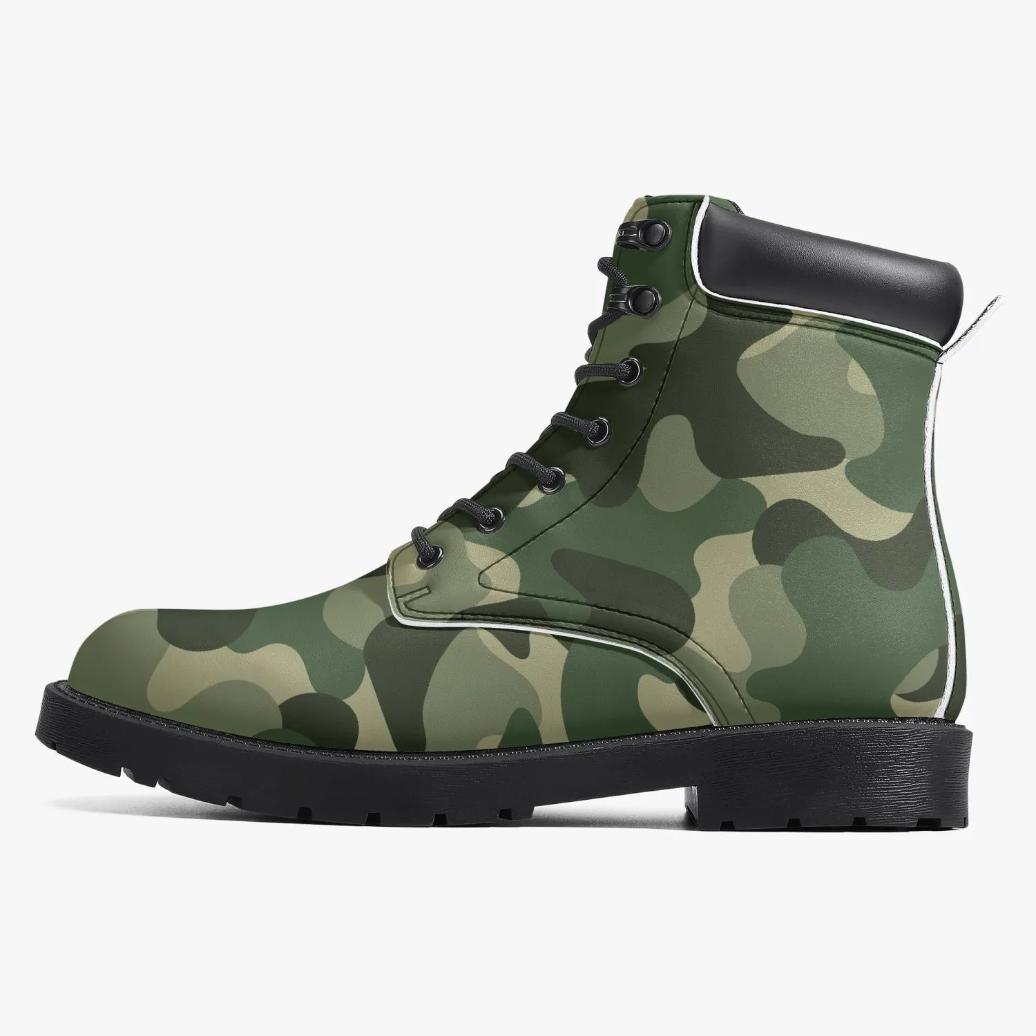 Camouflage Leather Boots, Green Army Camo Lace Up Shoes Hiking Walking Women Men Black Ankle Work Winter Casual Custom