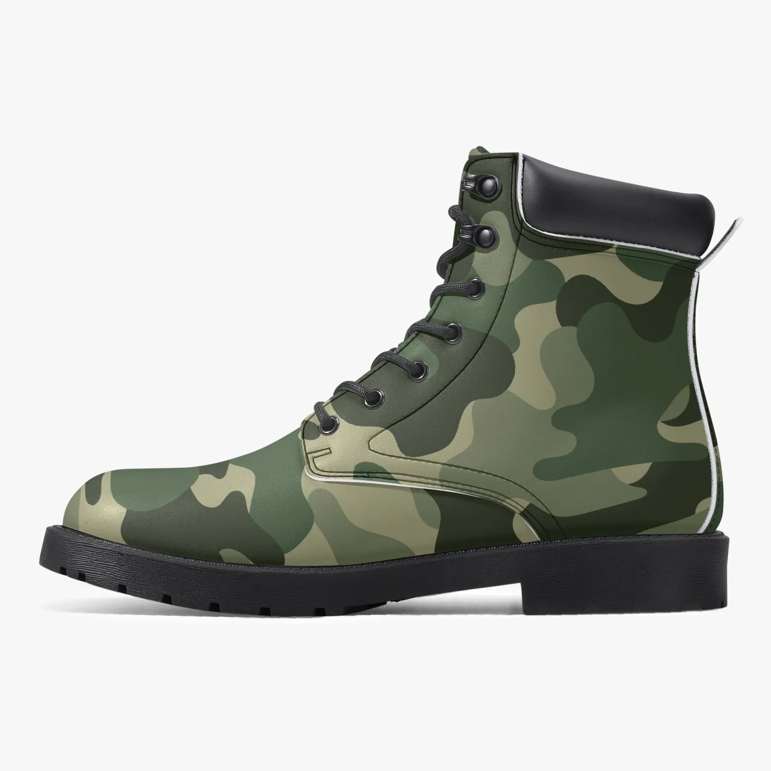 Camouflage Leather Boots, Green Army Camo Lace Up Shoes Hiking Walking Women Men Black Ankle Work Winter Casual Custom