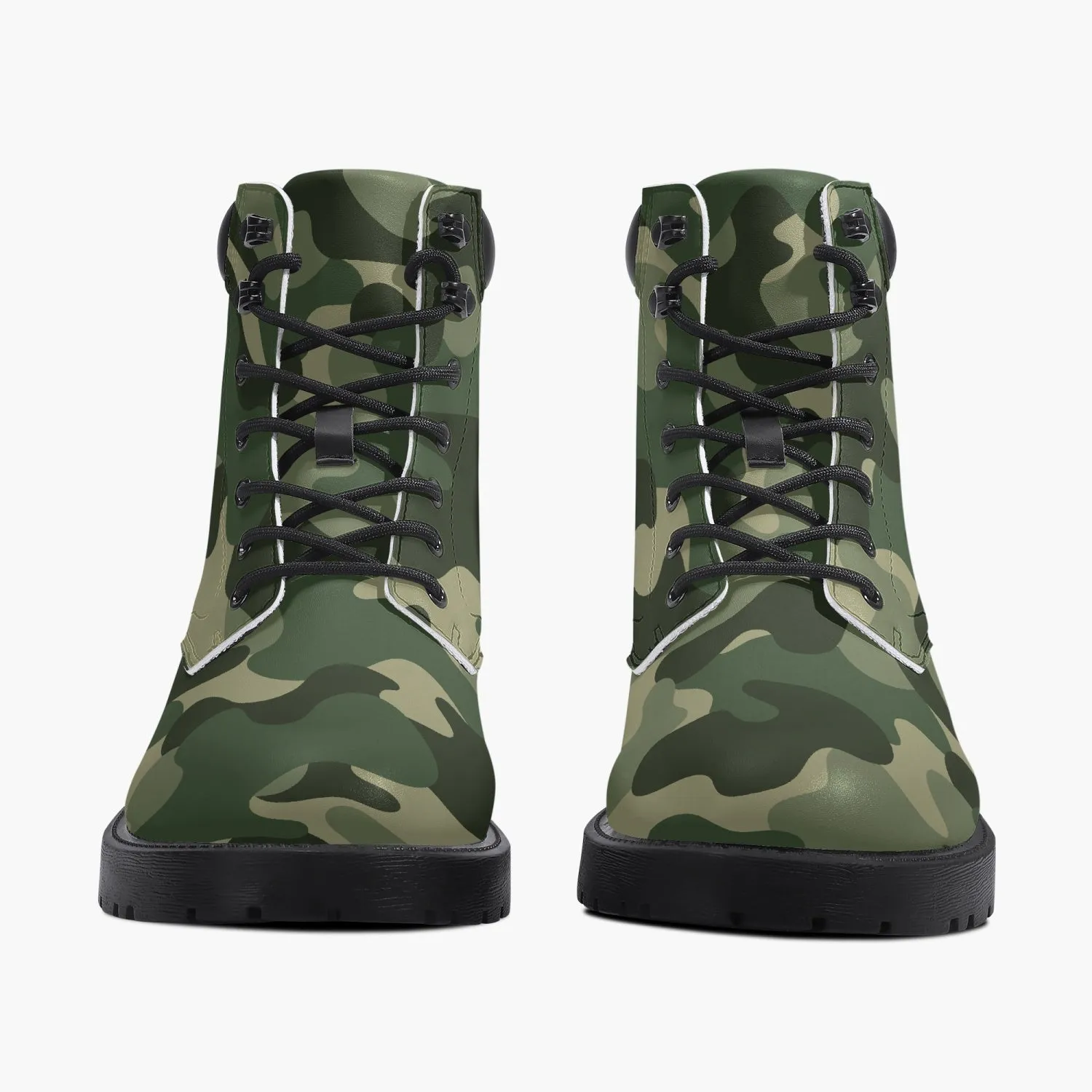 Camouflage Leather Boots, Green Army Camo Lace Up Shoes Hiking Walking Women Men Black Ankle Work Winter Casual Custom