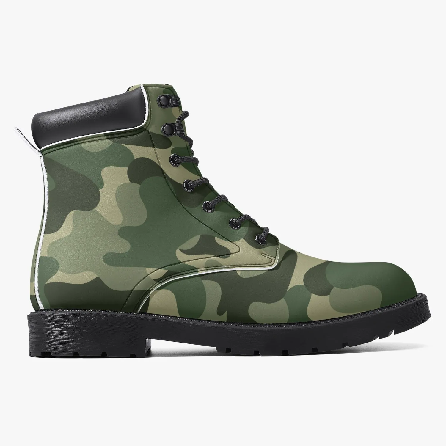 Camouflage Leather Boots, Green Army Camo Lace Up Shoes Hiking Walking Women Men Black Ankle Work Winter Casual Custom