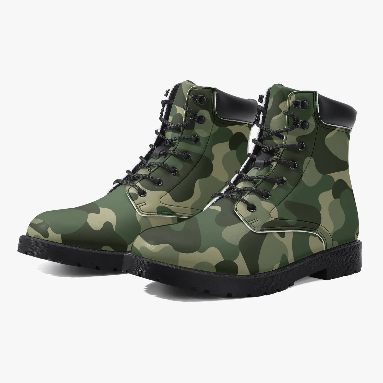 Camouflage Leather Boots, Green Army Camo Lace Up Shoes Hiking Walking Women Men Black Ankle Work Winter Casual Custom