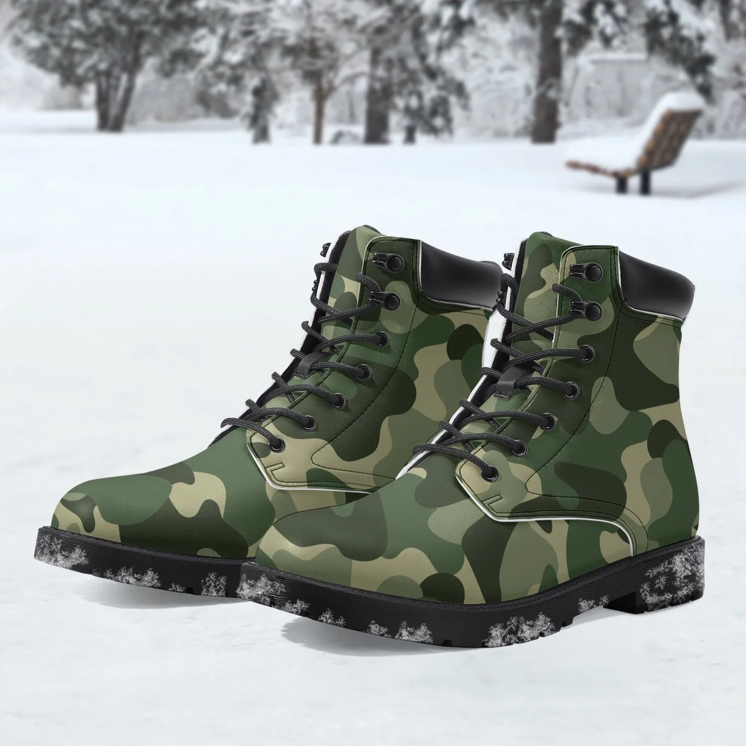 Camouflage Leather Boots, Green Army Camo Lace Up Shoes Hiking Walking Women Men Black Ankle Work Winter Casual Custom