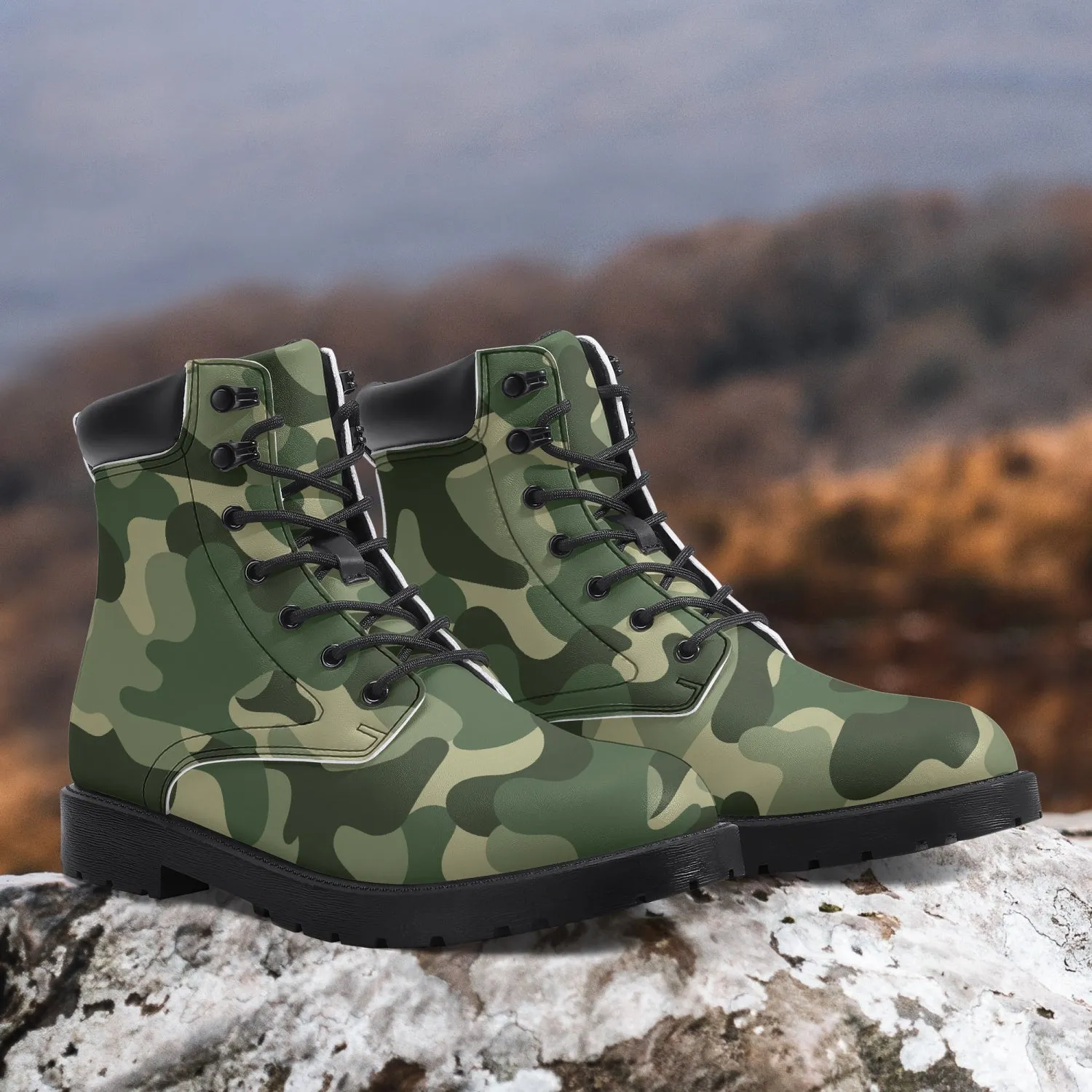 Camouflage Leather Boots, Green Army Camo Lace Up Shoes Hiking Walking Women Men Black Ankle Work Winter Casual Custom