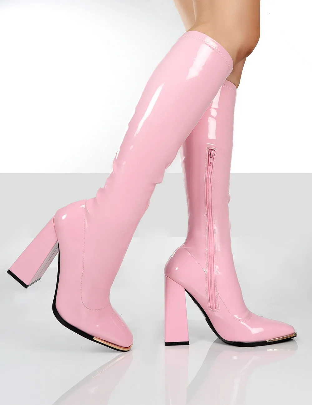 Caryn Pink Patent Knee High Heeled Boots