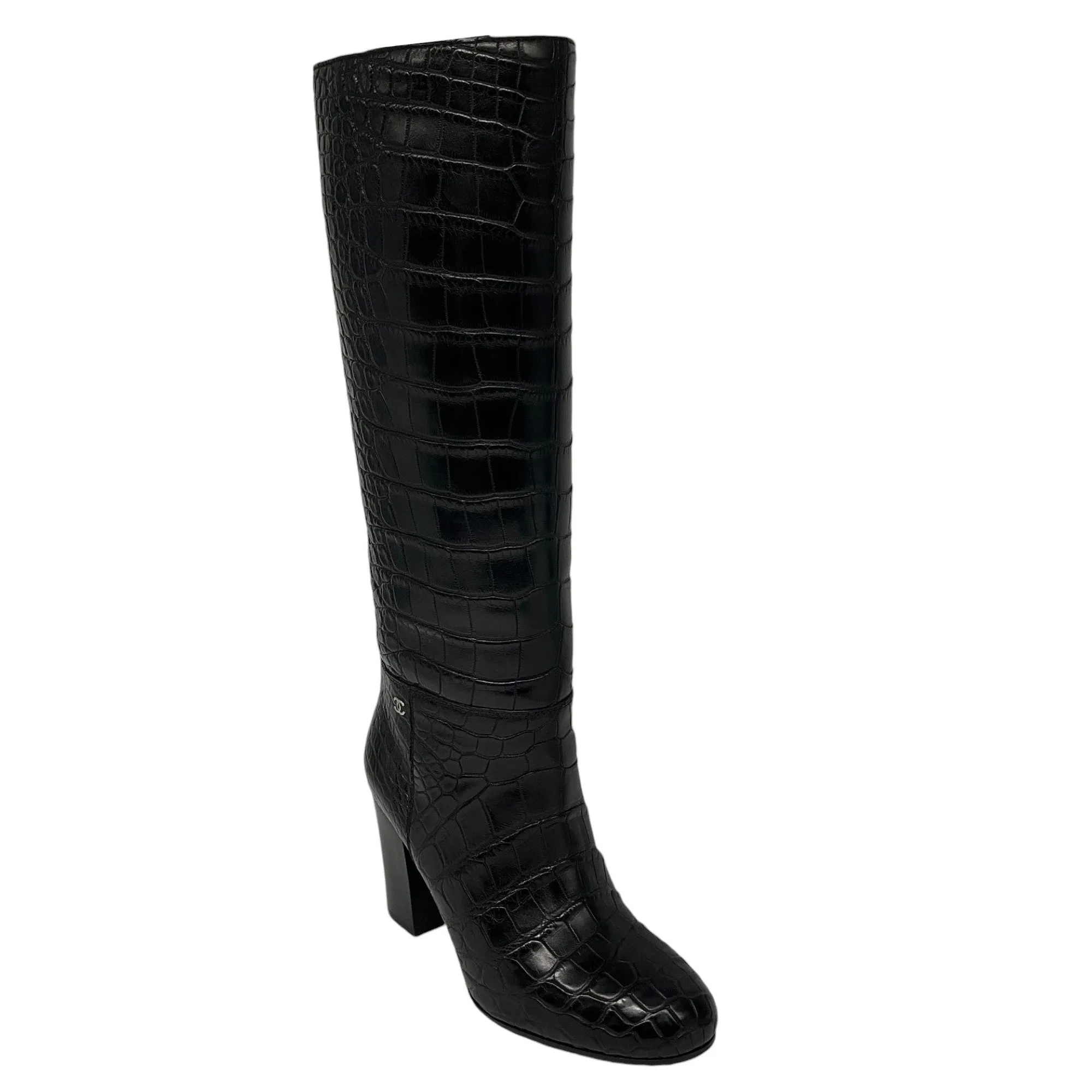 Chanel Black Alligator Patent Leather Knee High Boots