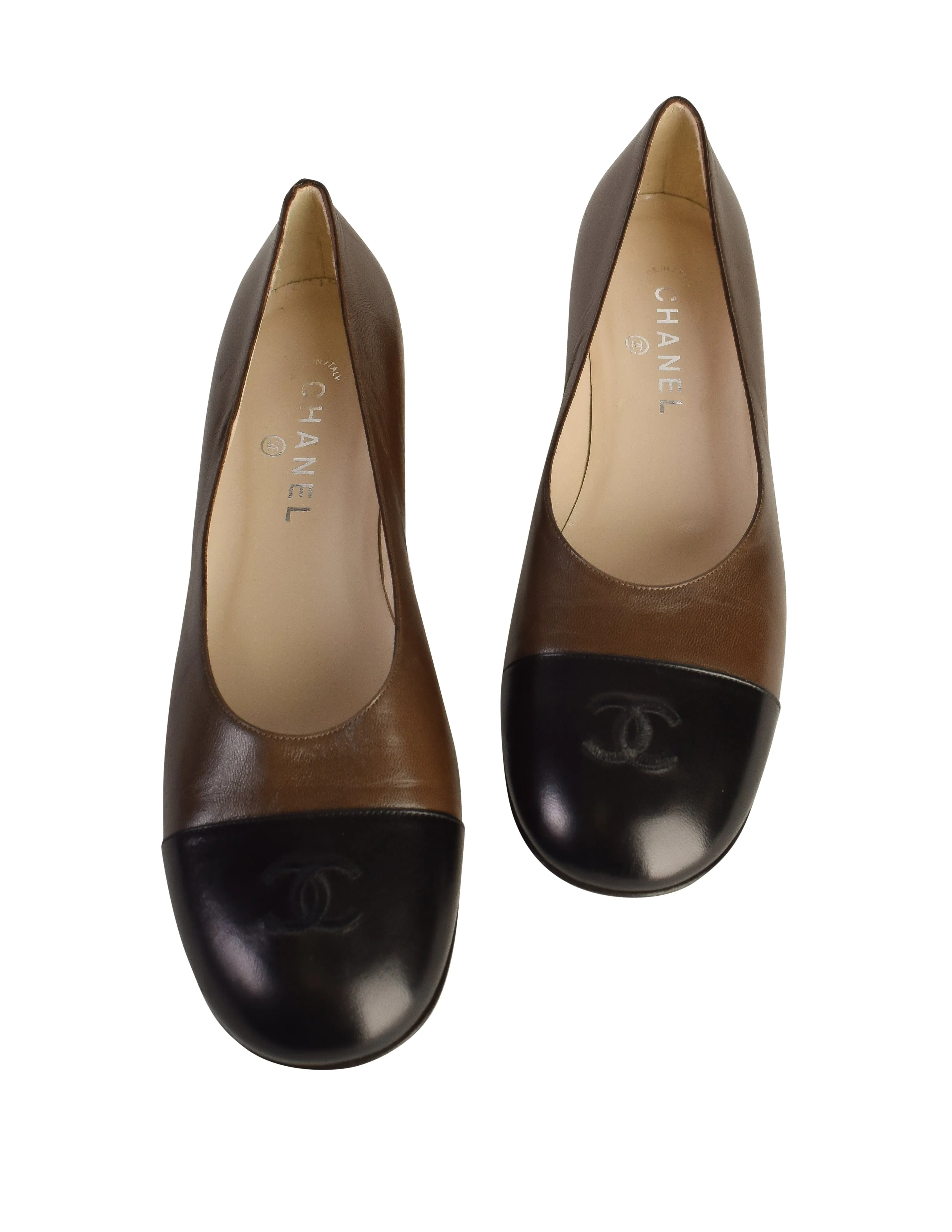 Chanel Vintage Black Brown Two Tone Leather CC Logo Cap Toe Squared Heel Flats Shoes