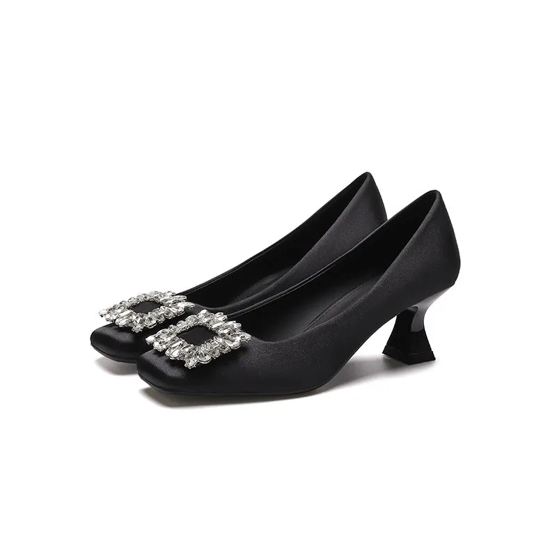 Classy Lady Rhinestone Square Buckle Mid Heel Shoes