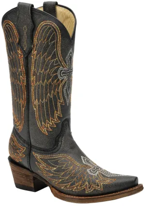 Corral Boots Kids Girl Leather Wing & Cross Black Silver/Gold Cowgirl