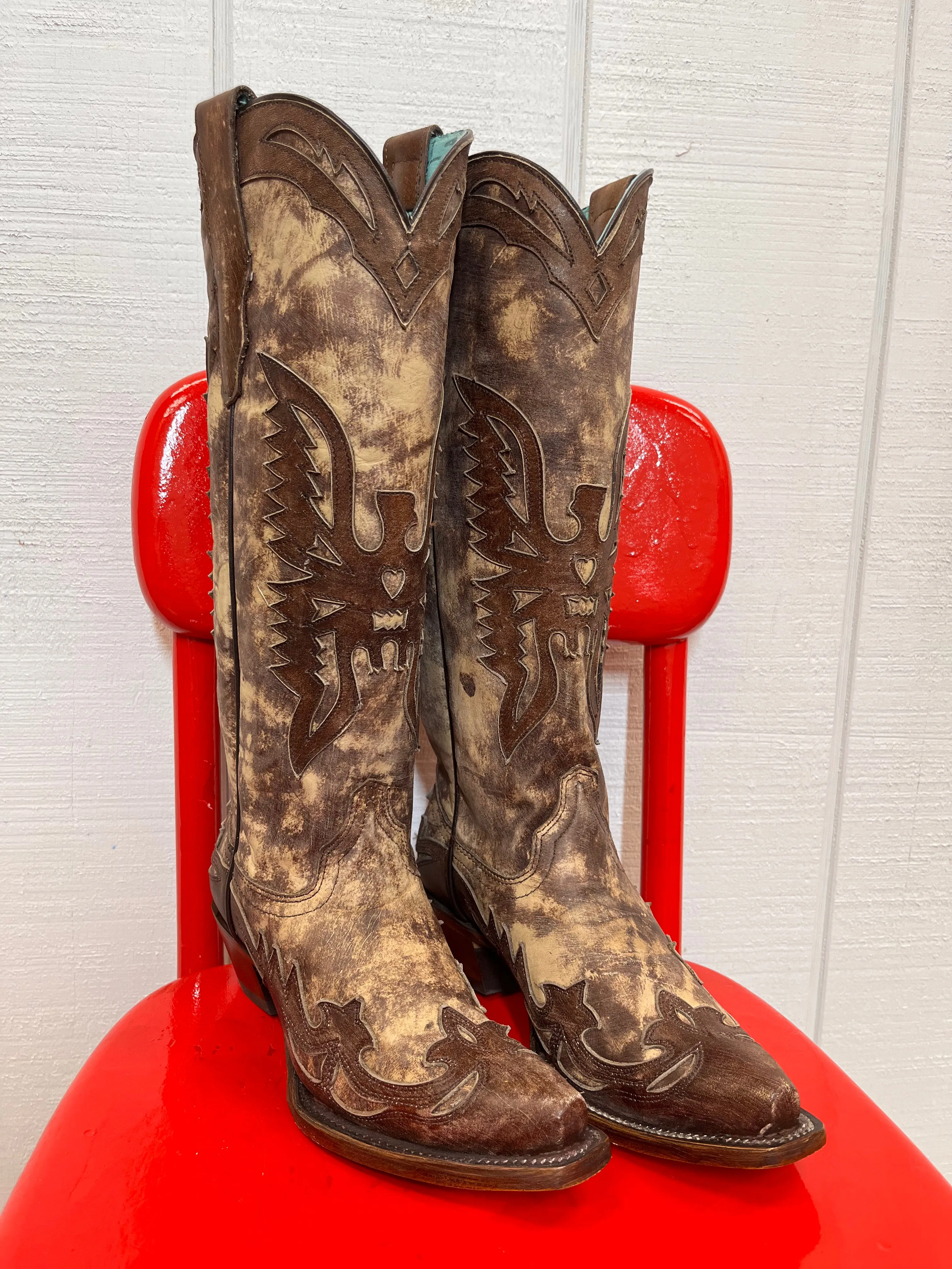 Corral Women's Taupe Brown Eagle Overlay Snip Toe Cowgirl Boots A4303