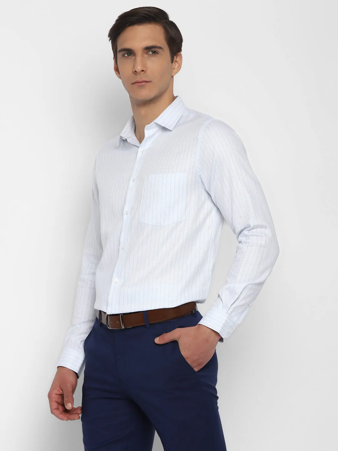 Cotton Light Blue Striped Slim Fit Formal Shirt